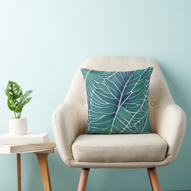Watercolor Blue Green Teal Tropical Leaves Cushion (Chair)