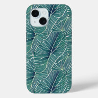 Watercolor Blue Green Teal Tropical Leaves Pattern