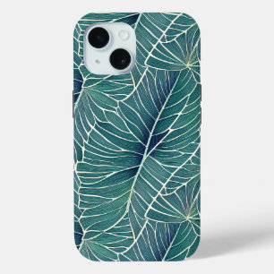 Watercolor Blue Green Teal Tropical Leaves Pattern iPhone 15 Case