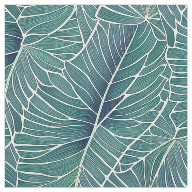 Watercolor Blue Green Teal Tropical Leaves Pattern Fabric (Swatch)