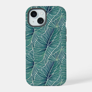 Watercolor Blue Green Teal Tropical Leaves Pattern iPhone 15 Case