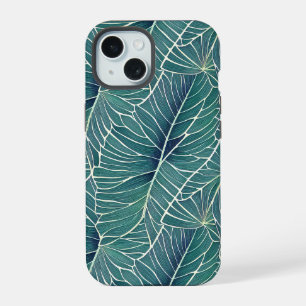 Watercolor Blue Green Teal Tropical Leaves Pattern iPhone 15 Case