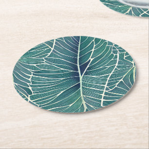Watercolor Blue Green Teal Tropical Leaves Pattern Round Paper Coaster