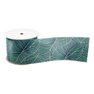 Watercolor Blue Green Teal Tropical Leaves Pattern Satin Ribbon