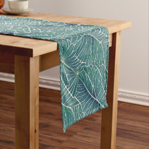 Watercolor Blue Green Teal Tropical Leaves Pattern Short Table Runner