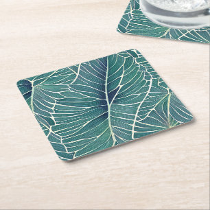 Watercolor Blue Green Teal Tropical Leaves Pattern Square Paper Coaster