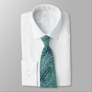 Watercolor Blue Green Teal Tropical Leaves Pattern Tie