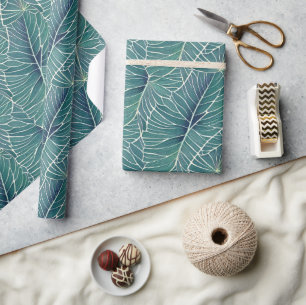 Watercolor Blue Green Teal Tropical Leaves Pattern Wrapping Paper