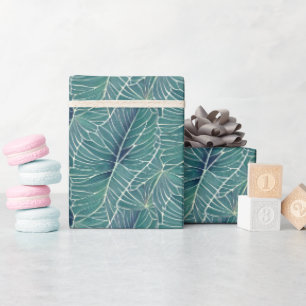 Watercolor Blue Green Teal Tropical Leaves Pattern Wrapping Paper