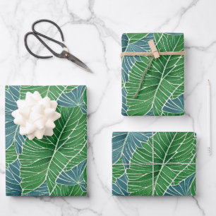 Watercolor Blue Green Teal Tropical Leaves Pattern Wrapping Paper Sheet