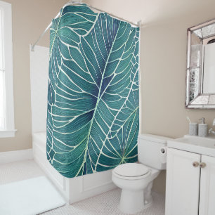 Watercolor Blue Green Teal Tropical Leaves Shower Curtain