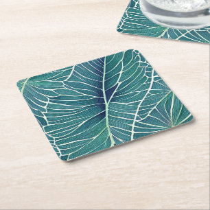 Watercolor Blue Green Teal Tropical Leaves Square Paper Coaster