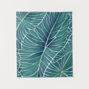 Watercolor Blue Green Teal Tropical Leaves Tapestry