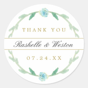 Watercolor Blue Green Wedding Thank You Stickers