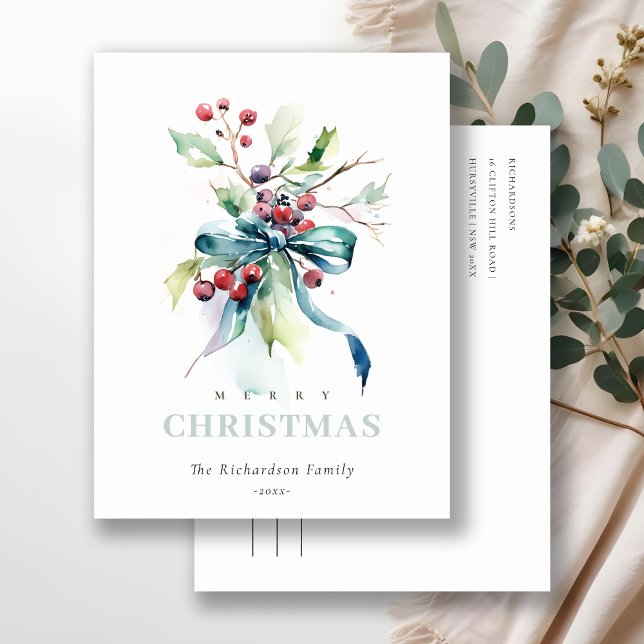 Watercolor Blue Green Winter Berries Christmas Holiday Postcard (Creator Uploaded)