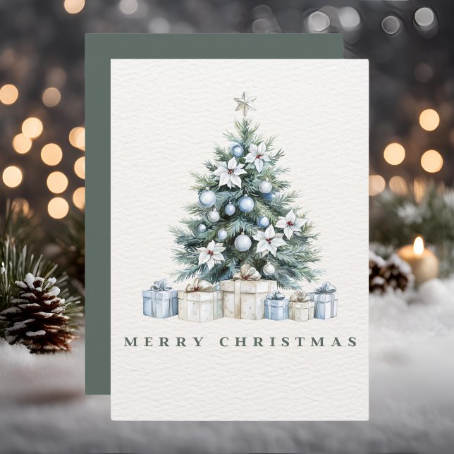 Watercolor Blue Green Winter White Merry Christmas Holiday Card (Creator Uploaded)