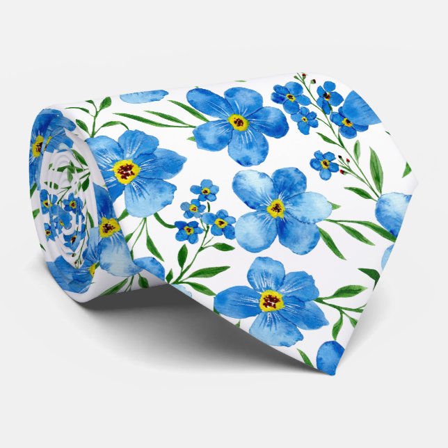 Watercolor Blue Greenery Floral Pattern Tie (Rolled)