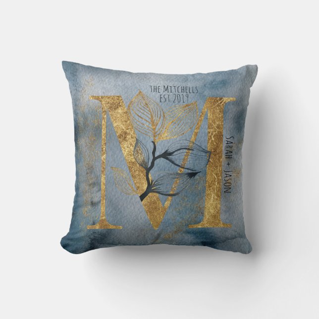 Watercolor Blue Grey Gold M Monogram Throw Pillow (Front)