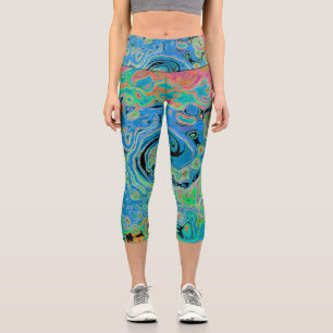 Watercolor Blue Groovy Abstract Retro Liquid Swirl Capri Leggings
