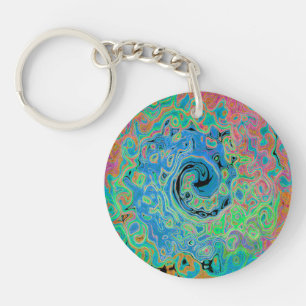 Watercolor Blue Groovy Abstract Retro Liquid Swirl Key Ring