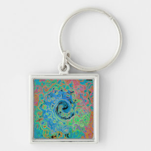 Watercolor Blue Groovy Abstract Retro Liquid Swirl Key Ring