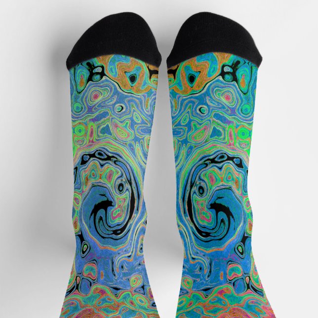 Watercolor Blue Groovy Abstract Retro Liquid Swirl Socks (Top)