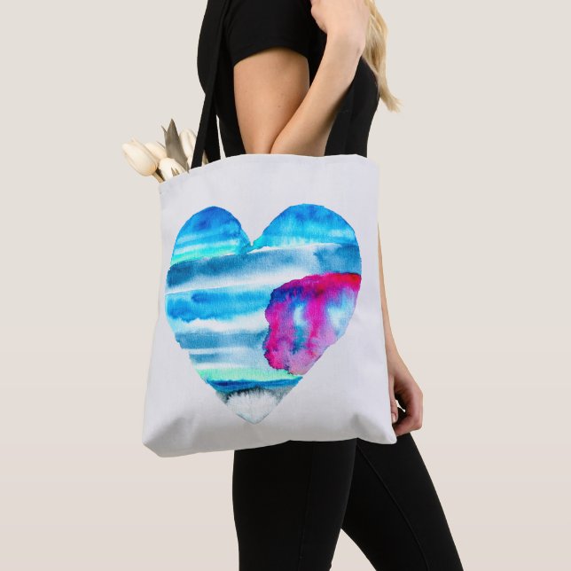 Watercolor blue heart cute heart tote bag (Close Up)