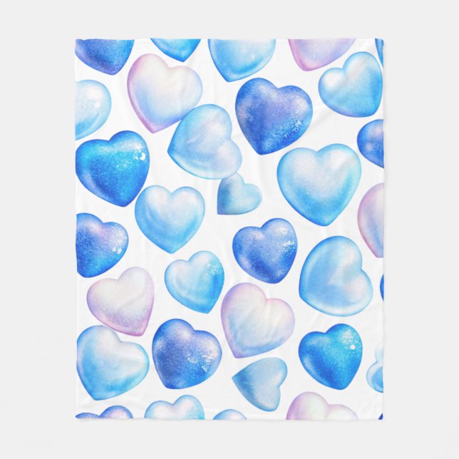 Watercolor Blue Heart Fleece Blanket (Front)