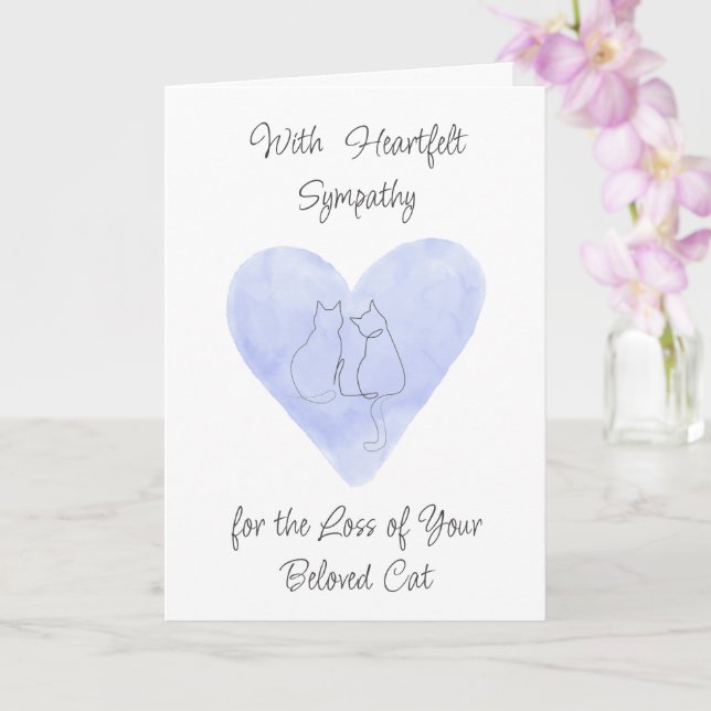 Watercolor Blue Heart with Cat Drawing Sympathy Card (Orchid)