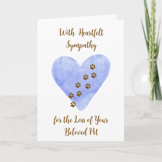 Watercolor Blue Heart with Pet Paws Sympathy Card (Front)