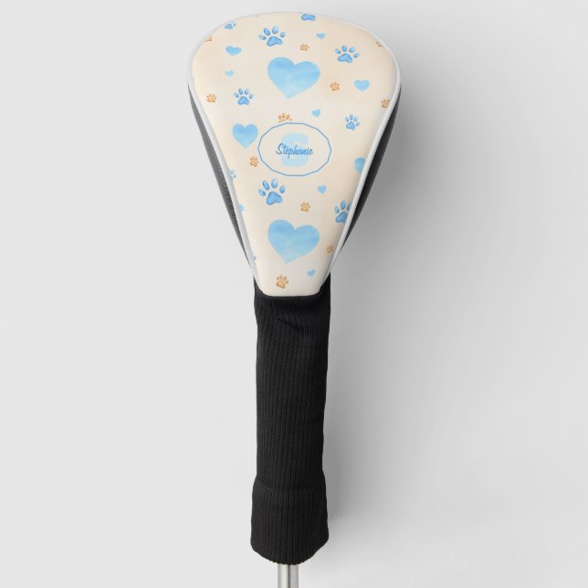 Watercolor Blue Hearts & Paw Prints Pattern Golf Head Cover (Front)