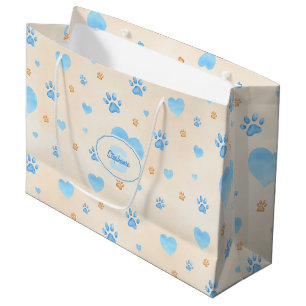 Watercolor Blue Hearts & Paw Prints Pattern Large Gift Bag