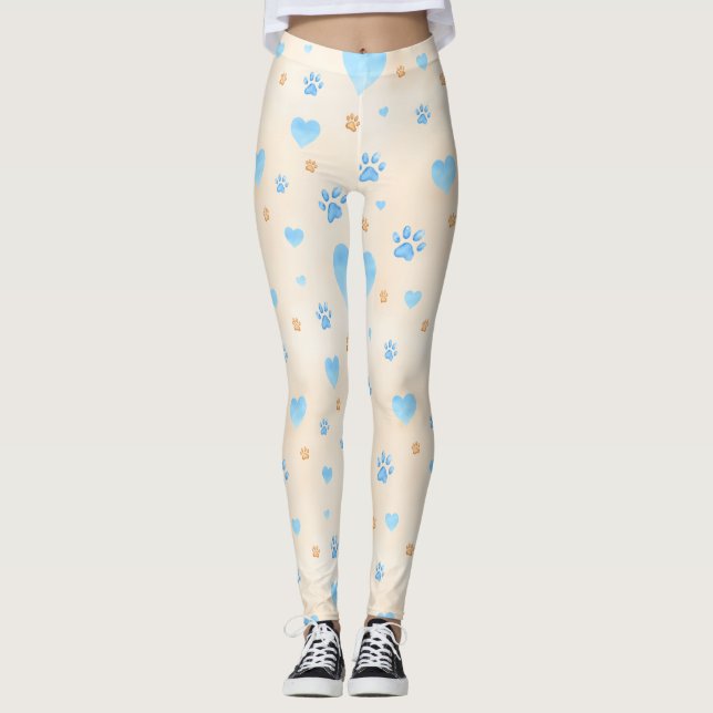 Watercolor Blue Hearts & Paw Prints Pattern Leggings (Front)