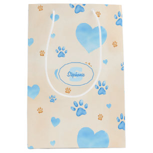 Watercolor Blue Hearts & Paw Prints Pattern Medium Gift Bag