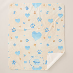 Watercolor Blue Hearts & Paw Prints Pattern Sherpa Blanket