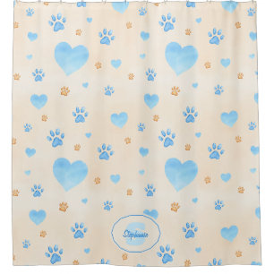 Watercolor Blue Hearts & Paw Prints Pattern Shower Curtain