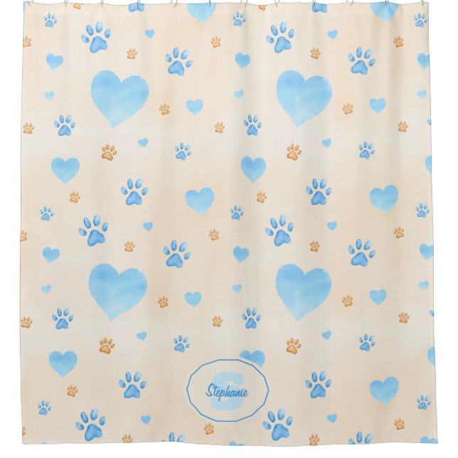 Watercolor Blue Hearts & Paw Prints Pattern Shower Curtain (Front)