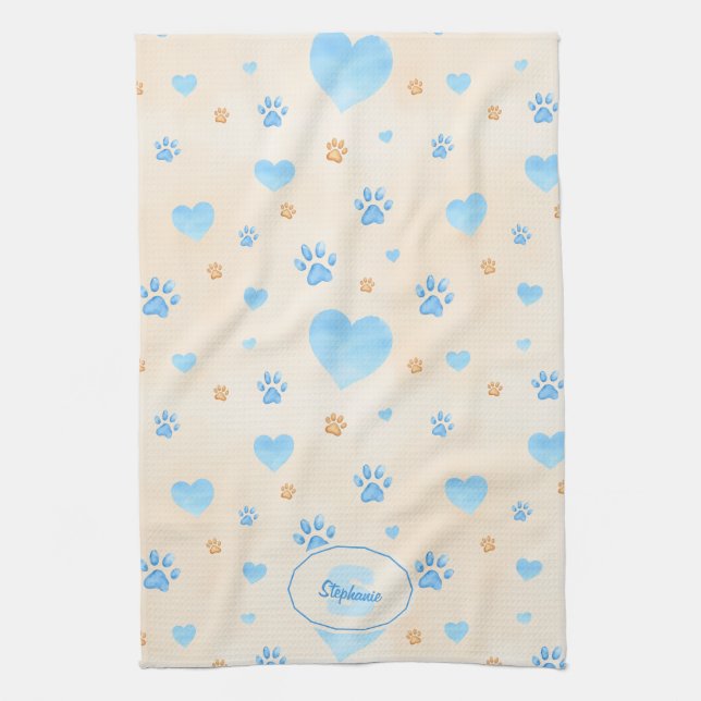 Watercolor Blue Hearts & Paw Prints Pattern Tea Towel (Vertical)
