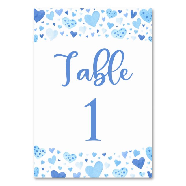 Watercolor Blue Hearts Valentine Table Number Card (Front)