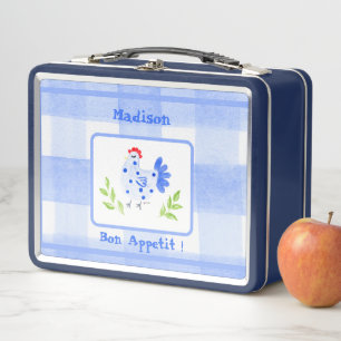 Watercolor Blue Hen Check Bon Appetit NAME Metal Lunch Box