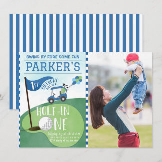 Watercolor Blue Hole In One Golf 1stBirthday Photo Invitation