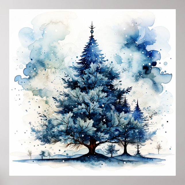 Watercolor Blue Holiday Christmas Tree Poster  (Front)