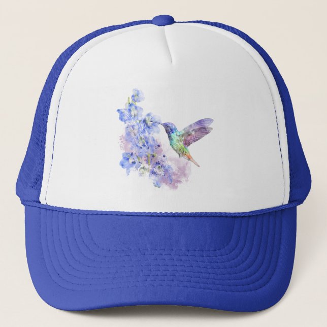 Watercolor Blue Hummingbird Garden Bird Nature Trucker Hat (Front)