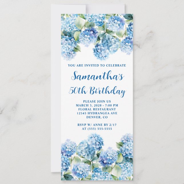 Watercolor Blue Hydrangea 50th Birthday Invitation (Front)