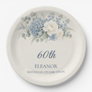 Watercolor Blue Hydrangea 60th Bday Paper Plate