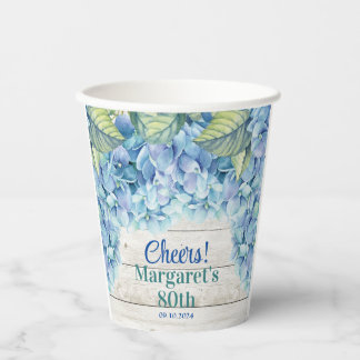 Watercolor Blue Hydrangea 80th Birthday Paper Cups