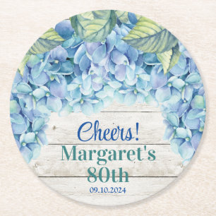Watercolor Blue Hydrangea 80th Birthday Round Paper Coaster