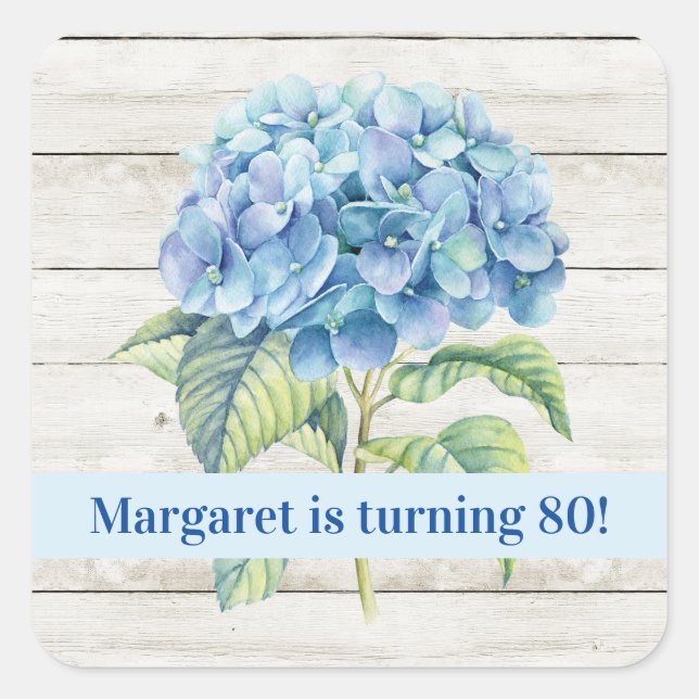 Watercolor Blue Hydrangea 80th Birthday Square Sticker (Front)