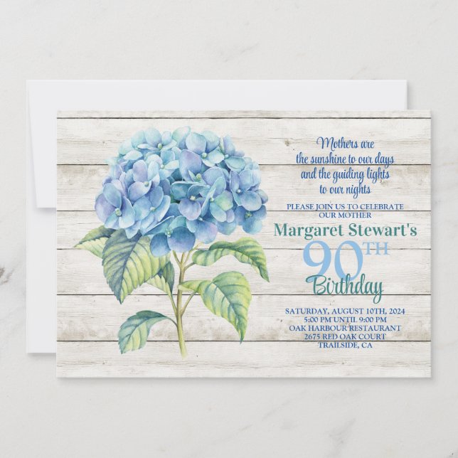 Watercolor Blue Hydrangea 90th Birthday Invitation (Front)