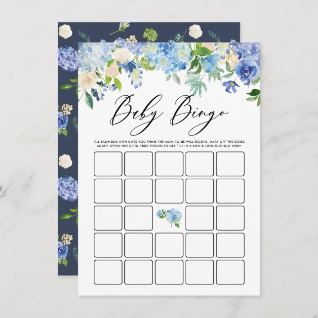 Watercolor Blue Hydrangea Baby Shower Bingo Game Enclosure Card (Front/Back)